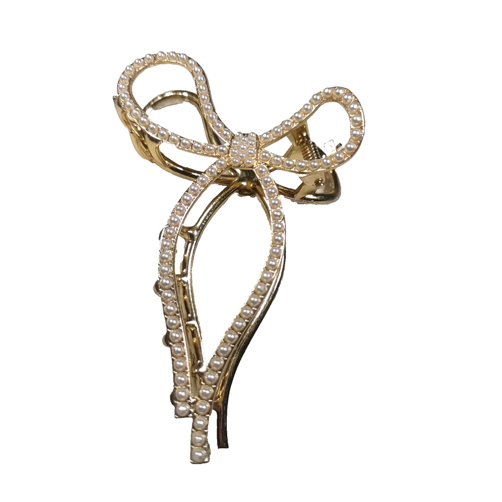 Hair Bow Alligator Clip Hair Barrette Faux Pearls Dainty Feminine Gold Tone